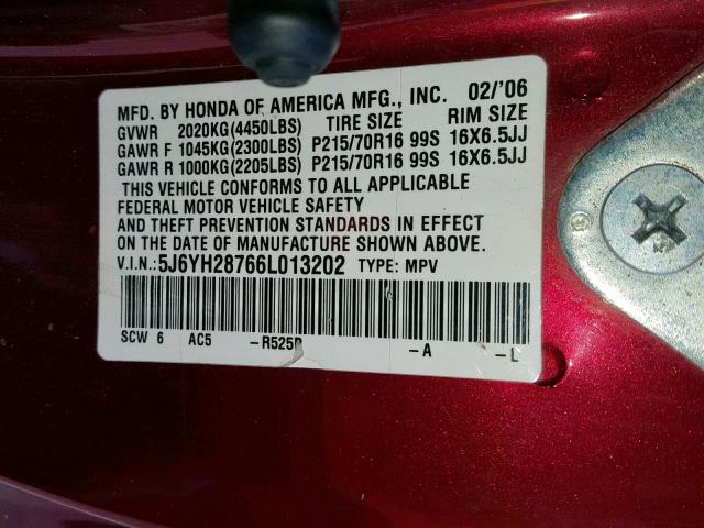 5J6YH28766L013202 - 2006 HONDA ELEMENT EX BURGUNDY photo 10