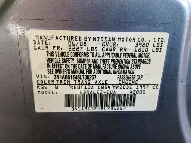 3N1AB61E48L736257 - 2008 NISSAN SENTRA 2.0 SILVER photo 10