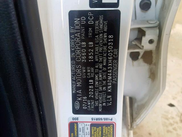 KNADM4A3XH6050318 - 2017 KIA RIO LX WHITE photo 10