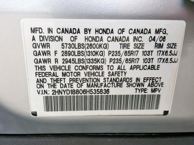 2HNYD18806H535836 - 2006 ACURA MDX TOURIN SILVER photo 10