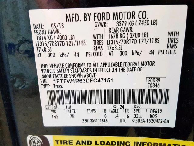 1FTFW1R63DFC47151 - 2013 FORD F150 SVT R BLACK photo 10