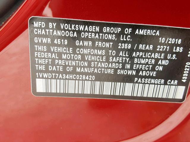 1VWDT7A34HC028420 - 2017 VOLKSWAGEN PASSAT R-L BURGUNDY photo 10