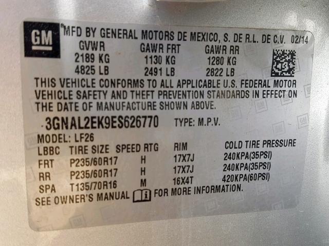 3GNAL2EK9ES626770 - 2014 CHEVROLET CAPTIVA LS 银色 照片 10