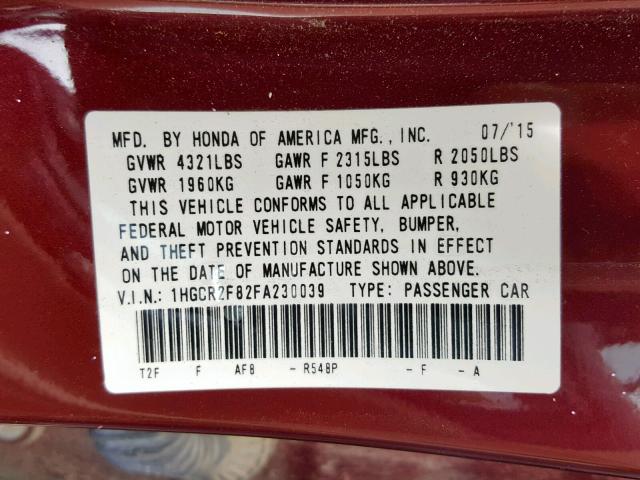 1HGCR2F82FA230039 - 2015 HONDA ACCORD EXL BURGUNDY photo 10