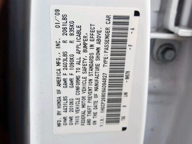 1HGCP26809A094827 - 2009 HONDA ACCORD EXL WHITE photo 10