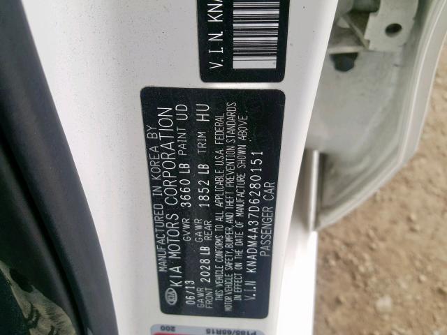 KNADM4A37D6280151 - 2013 KIA RIO LX WHITE photo 10