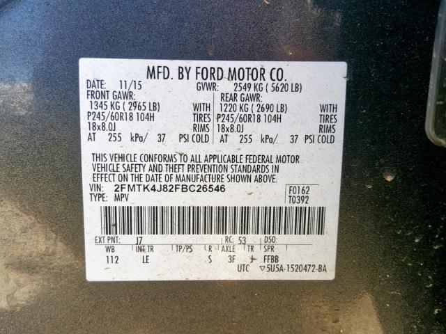 2FMTK4J82FBC26546 - 2015 FORD EDGE SEL CHARCOAL photo 10