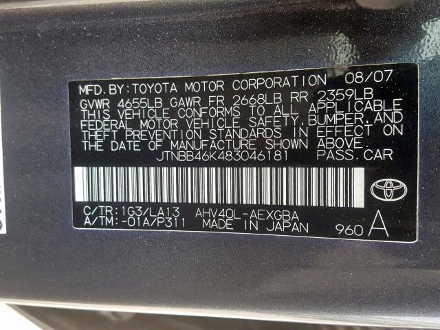 JTNBB46K483046181 - 2008 TOYOTA CAMRY HYBR GRAY photo 10