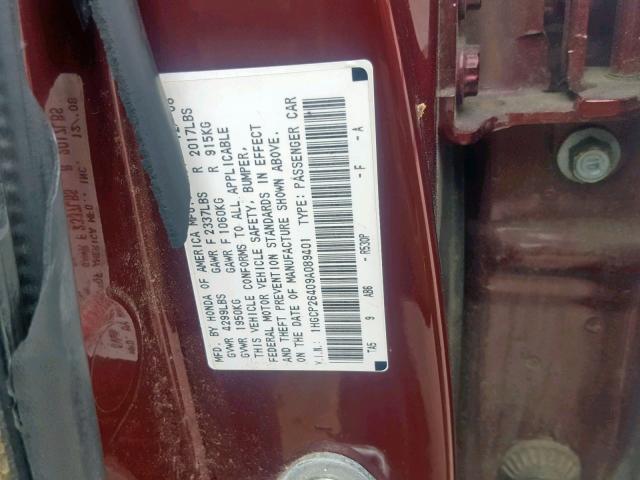 1HGCP26409A089401 - 2009 HONDA ACCORD LXP RED photo 10