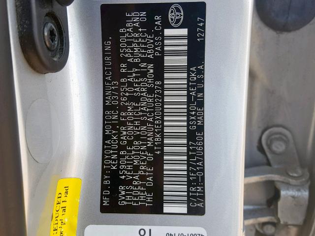 4T1BK1EBXDU027378 - 2013 TOYOTA AVALON BAS SILVER photo 10