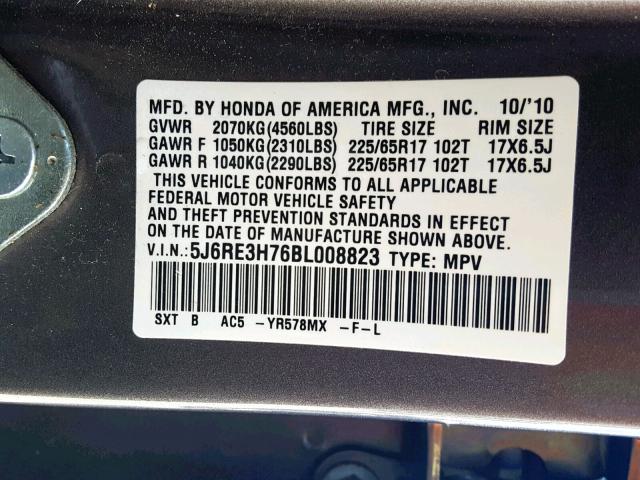 5J6RE3H76BL008823 - 2011 HONDA CR-V EXL CHARCOAL photo 10