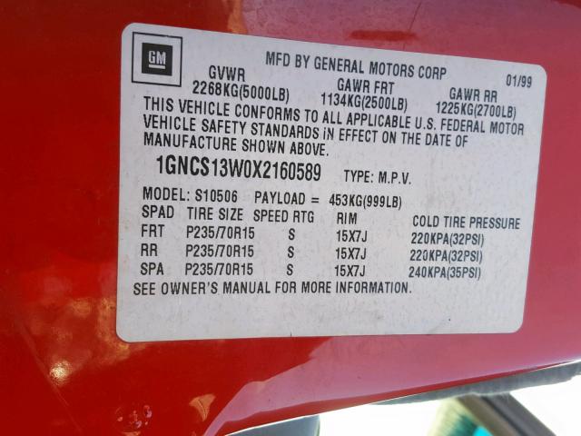 1GNCS13W0X2160589 - 1999 CHEVROLET BLAZER RED photo 10