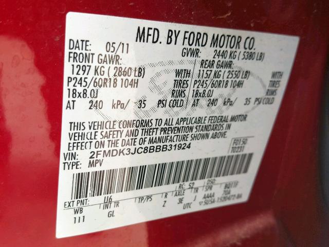 2FMDK3JC8BBB31924 - 2011 FORD EDGE SEL RED photo 10