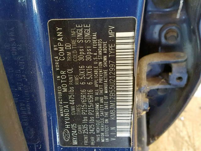 KM8JM12B55U212997 - 2005 HYUNDAI TUCSON GL BLUE photo 10