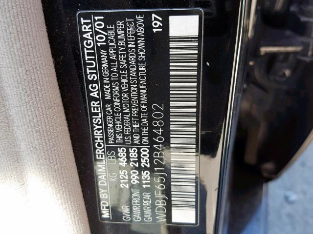 WDBJF65J12B464802 - 2002 MERCEDES-BENZ E 320 BLACK photo 10