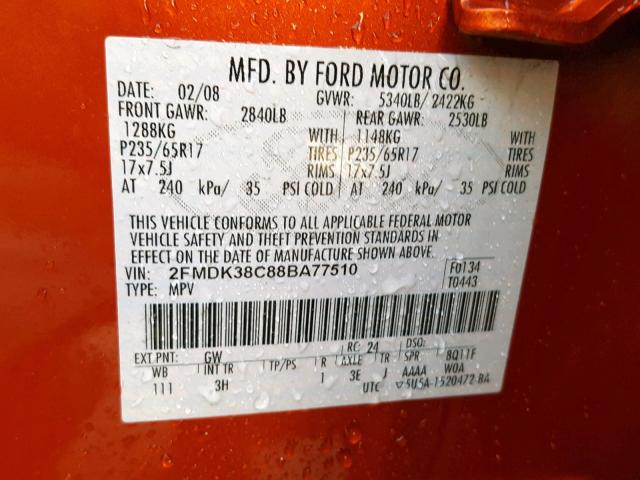 2FMDK38C88BA77510 - 2008 FORD EDGE SEL ORANGE photo 10