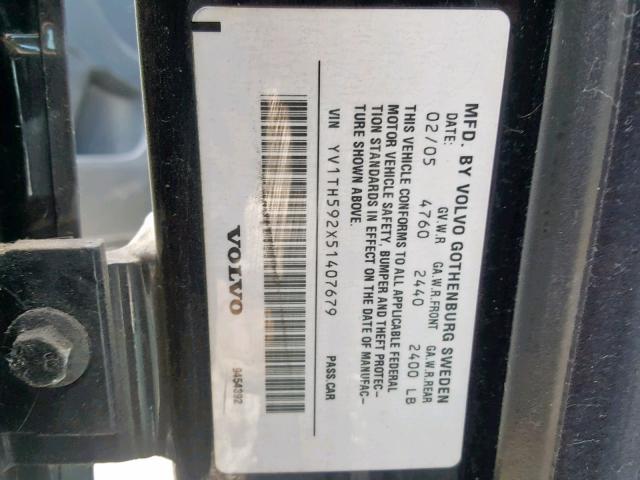 YV1TH592X51407679 - 2005 VOLVO S80 BLACK photo 10