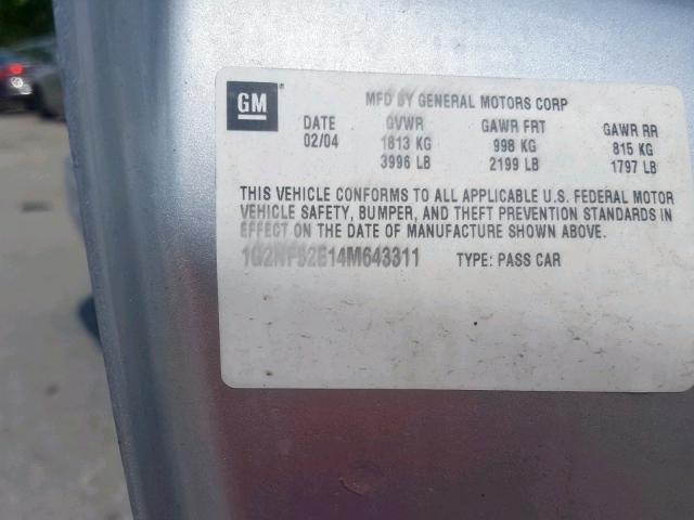 1G2NF52E14M643311 - 2004 PONTIAC GRAND AM S SILVER photo 10