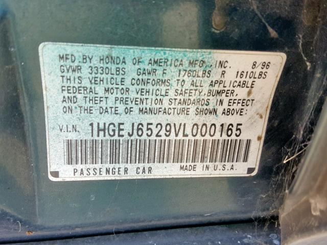 1HGEJ6529VL000165 - 1997 HONDA CIVIC DX GREEN photo 10