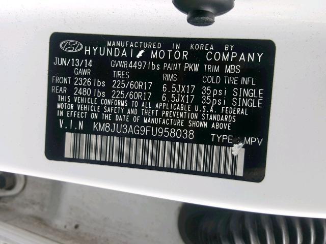 KM8JU3AG9FU958038 - 2015 HYUNDAI TUCSON LIM WHITE photo 10