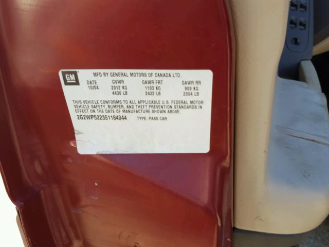 2G2WP522351184044 - 2005 PONTIAC GRAND PRIX RED photo 10