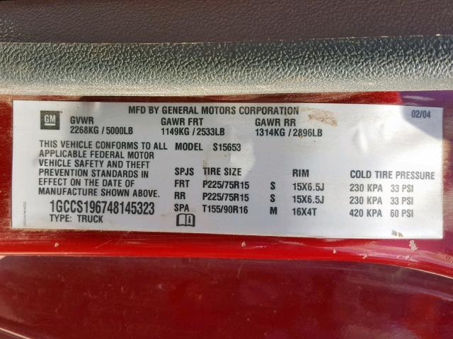 1GCCS196748145323 - 2004 CHEVROLET COLORADO RED photo 10