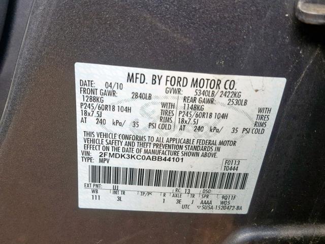 2FMDK3KC0ABB44101 - 2010 FORD EDGE LIMIT GRAY photo 10