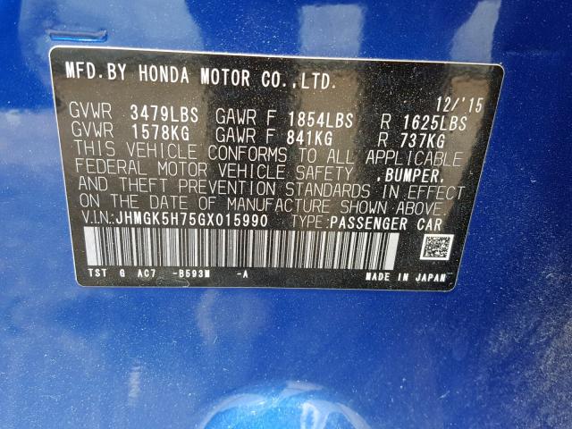 JHMGK5H75GX015990 - 2016 HONDA FIT EX BLUE photo 10