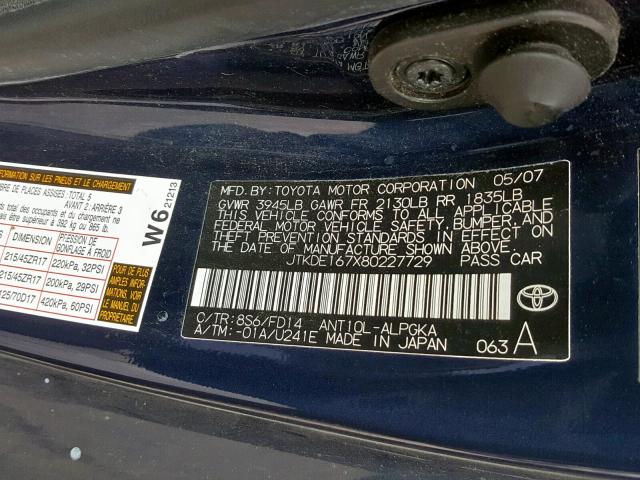 JTKDE167X80227729 - 2008 TOYOTA SCION TC BLUE photo 10