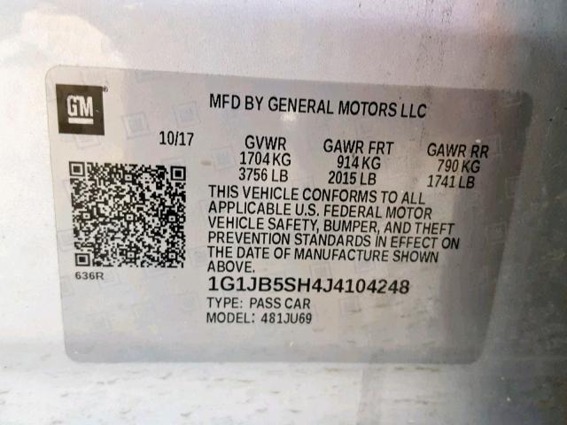 1G1JB5SH4J4104248 - 2018 CHEVROLET SONIC LS SILVER photo 10