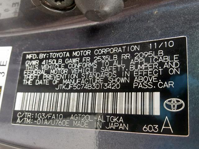 JTKJF5C74B3013420 - 2011 TOYOTA SCION TC GRAY photo 10