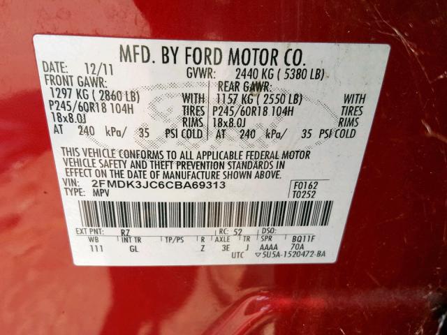 2FMDK3JC6CBA69313 - 2012 FORD EDGE SEL RED photo 10