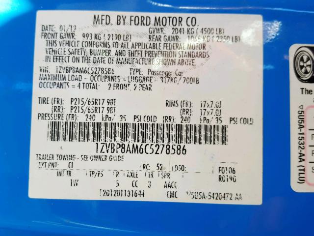 1ZVBP8AM6C5278586 - 2012 FORD MUSTANG BLUE photo 10