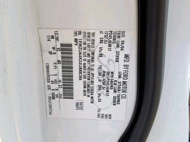 1FMZU64K34UB88386 - 2004 FORD EXPLORER E WHITE photo 10