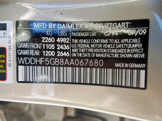 WDDHF5GB8AA067680 - 2010 MERCEDES-BENZ E 350 GOLD photo 10