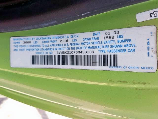 3VWBK21C73M433109 - 2003 VOLKSWAGEN NEW BEETLE მწვანე ფოტო 10
