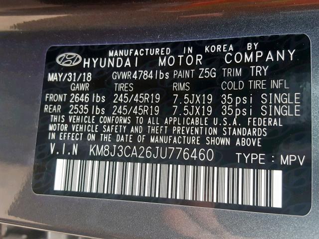 KM8J3CA26JU776460 - 2018 HYUNDAI TUCSON VAL GRAY photo 10