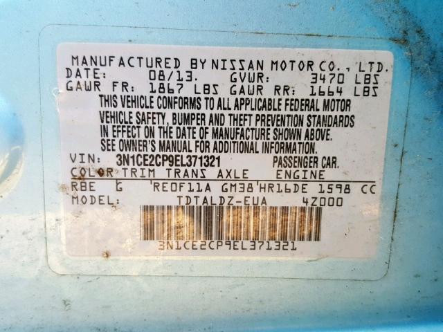 3N1CE2CP9EL371321 - 2014 NISSAN VERSA NOTE BLUE photo 10