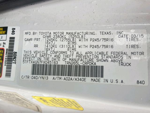 5TFTX4GN7FX045163 - 2015 TOYOTA TACOMA PRE WHITE photo 10