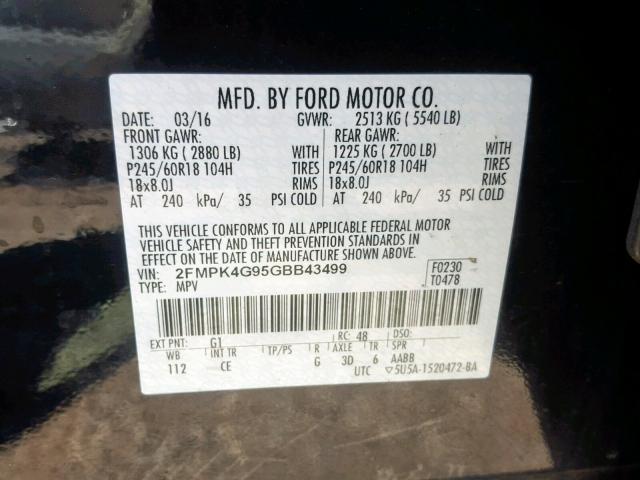 2FMPK4G95GBB43499 - 2016 FORD EDGE SE BLACK photo 10