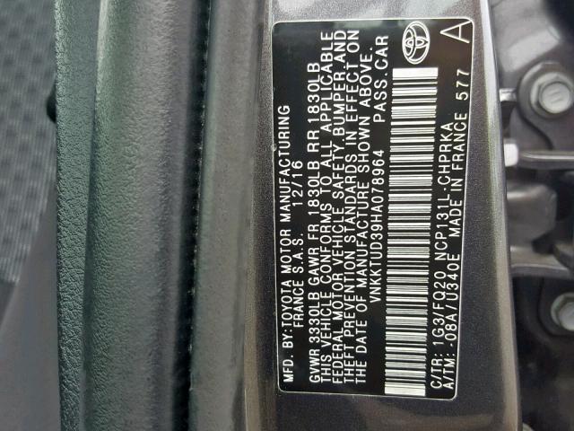 VNKKTUD39HA078964 - 2017 TOYOTA YARIS L GRAY photo 10