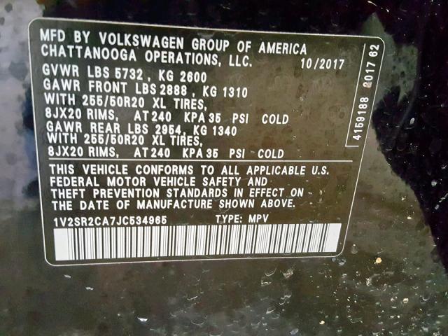 1V2SR2CA7JC534965 - 2018 VOLKSWAGEN ATLAS SEL BLACK photo 10