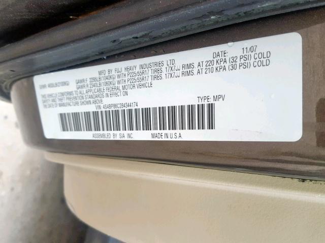 4S4BP86C284344174 - 2008 SUBARU OUTBACK 3. BROWN photo 10