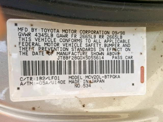 JT8BF28G0X5055614 - 1999 LEXUS ES 300 TAN photo 10