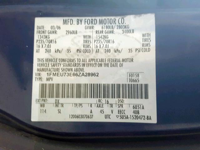 1FMEU73E66ZA28962 - 2006 FORD EXPLORER X BLUE photo 10