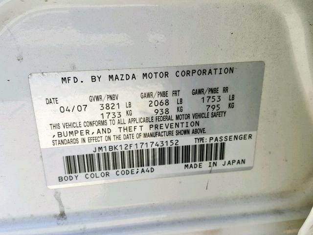 JM1BK12F171743152 - 2007 MAZDA 3 I WHITE photo 10