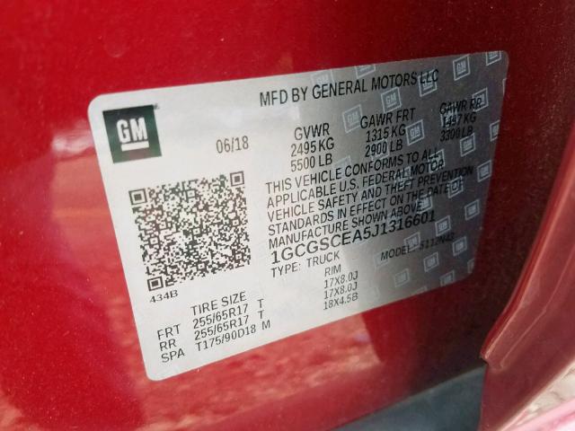 1GCGSCEA5J1316601 - 2018 CHEVROLET COLORADO L RED photo 10
