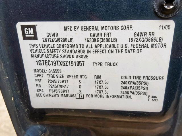 1GTEC19TX6Z191057 - 2006 GMC NEW SIERRA BLUE photo 10