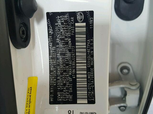 4T1BK1EB8JU287273 - 2018 TOYOTA AVALON XLE WHITE photo 10