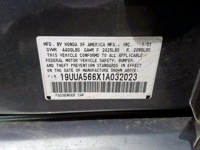 19UUA566X1A032023 - 2001 ACURA 3.2TL GRAY photo 10